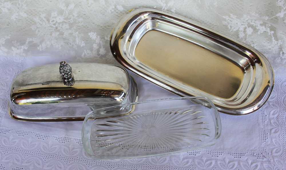 Butterglocke Kaviardose mit Glaseinsatz silbern Glockenförmige Butterschale