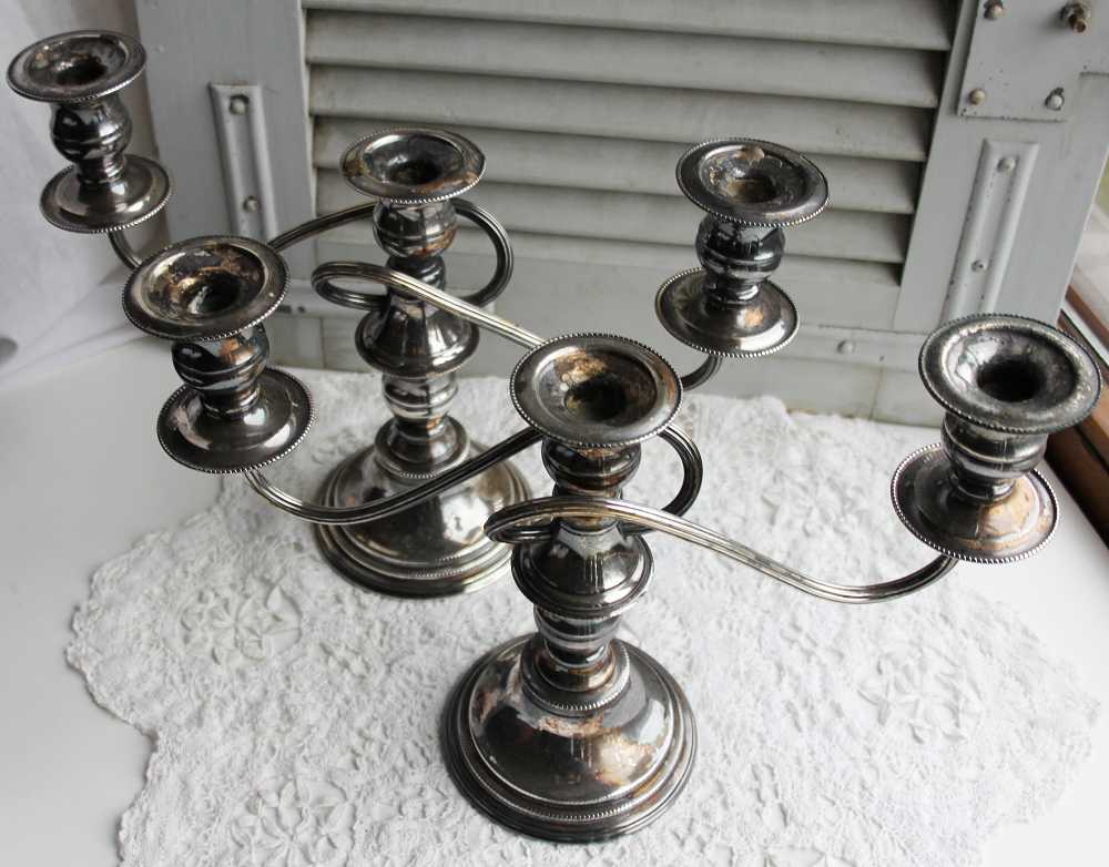 Kerzenhalter versilbert 3-armig BLUE COTTAGE k-IMG_0716 3-armiger Kerzenhalter Kandelaber versilbert antik BLUE COTTAGE